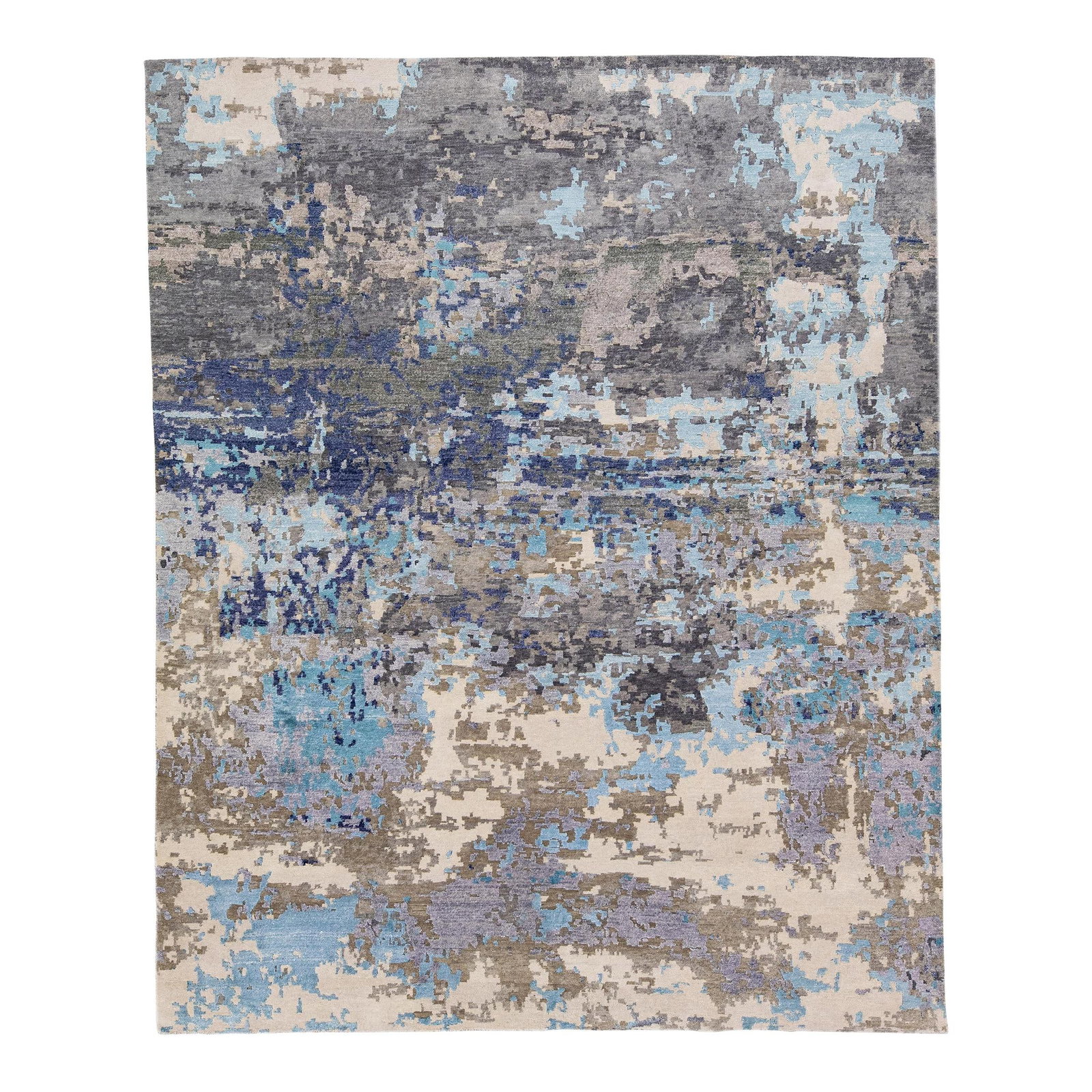 Contemporary Abstract Wool Silk Rug 8' x 9'11' Gray Blue Design: Contemporary Abstract Wool Silk Rug 8' x 9'11' Gray Blue Design Enhance your living space with this stunning contemporary abstract rug, expertly crafted from a blend of Indian wool and silk. The rug s