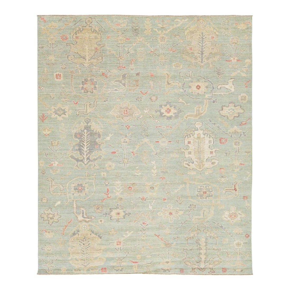 8'2 x 9'9 Hand-Knotted Sage Green Oushak Wool Rug with Pastel Floral Motif: 8'2 x 9'9 Hand-Knotted Sage Green Oushak Wool Rug with Pastel Floral Motif This Modern Oushak style area rug features a serene sage green field adorned with oversized floral palmettes and geometric vi