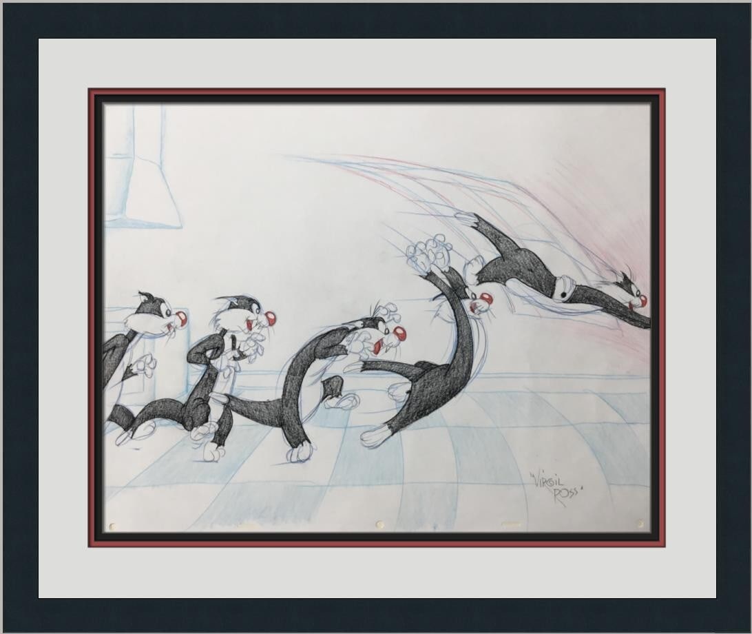 Virgil Ross Signed Sylvester the Cat Model Sheet Custom Framed Artwork: Virgil Ross Signed Sylvester the Cat Model Sheet Custom Framed Artwork This original signed model sheet drawing features Sylvester the Cat, a beloved character from the Looney Tunes franchise, created