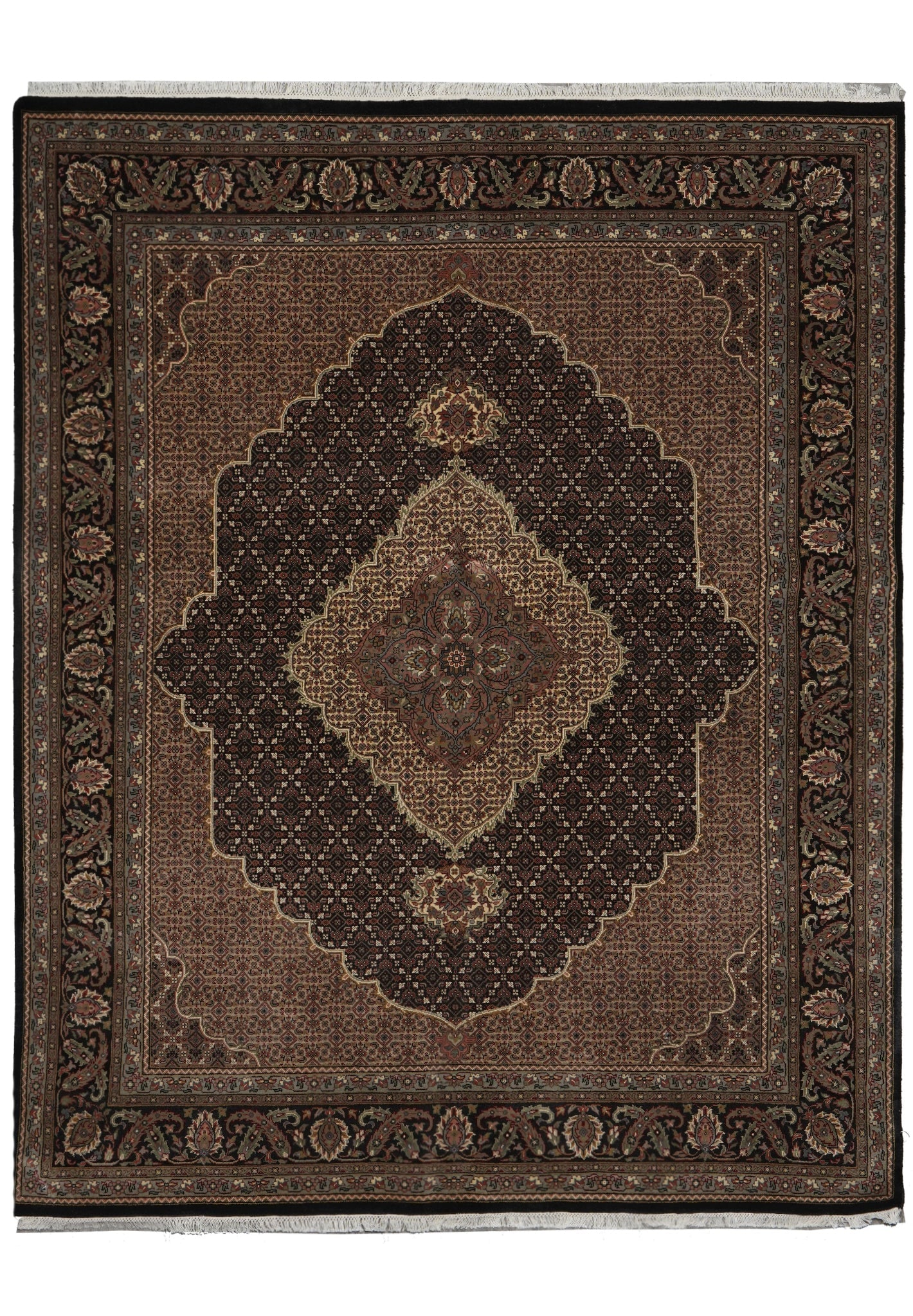 Handmade Mahi Tabriz Rug 6.7 x 8 Black Wool and Silk Floral Design: Handmade Mahi Tabriz Rug 6.7 x 8 Black Wool and Silk Floral Design Free continental US Shipping This handmade Mahi Tabriz rug measures 6.7 x 8 feet and is crafted from a luxurious blend of wool and si