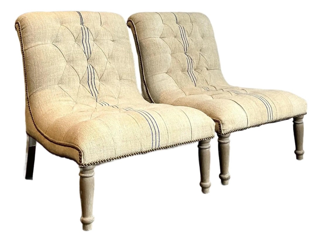 Pair of French Linen Tufted Scroll-Back Boho Slipper Chairs (1 of 8)