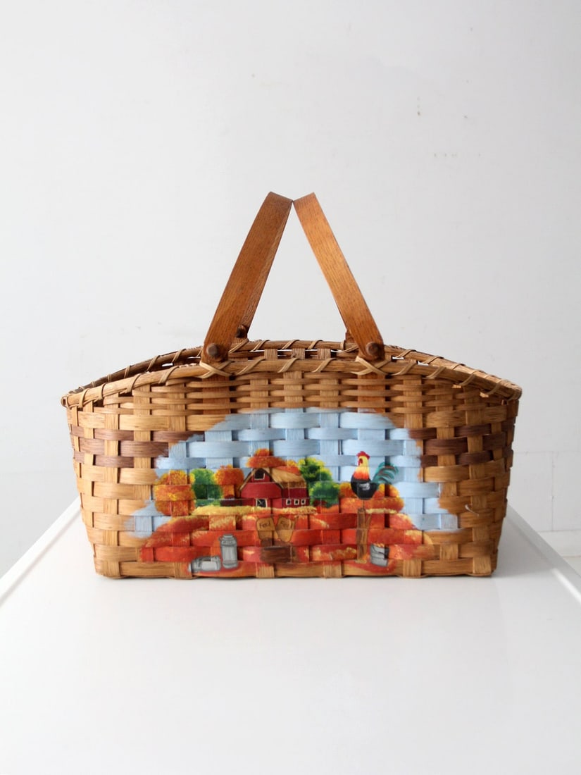 Hand-Painted Woven Gathering Basket With Farm Scene Motif (1 of 12)