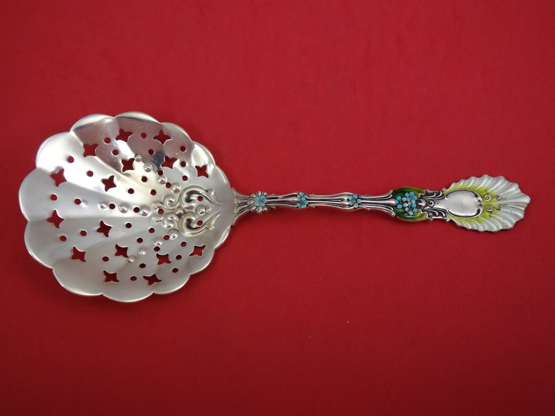 Whiting Radiant Sterling Silver Pea Spoon 8 3/4" with Enamel Accents: Whiting Radiant Sterling Silver Pea Spoon 8 3/4" with Enamel Accents This exquisite pea spoon from the Radiant pattern by Whiting Manufacturing Company showcases the elegance of sterling silver combin