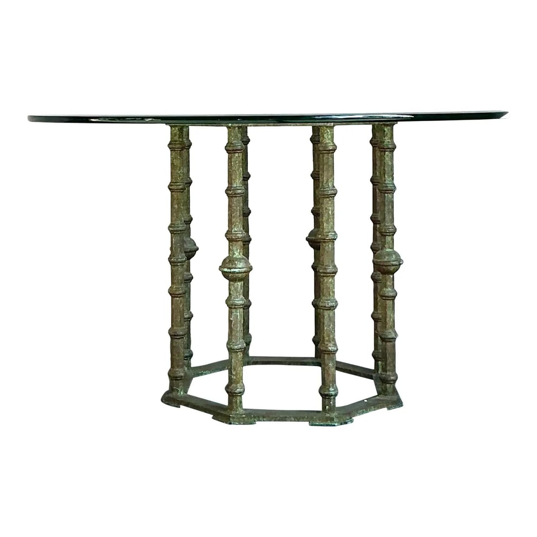 Midcentury Faux Bamboo Bronze Base Glass Top Pedestal Dining Table (1 of 10)