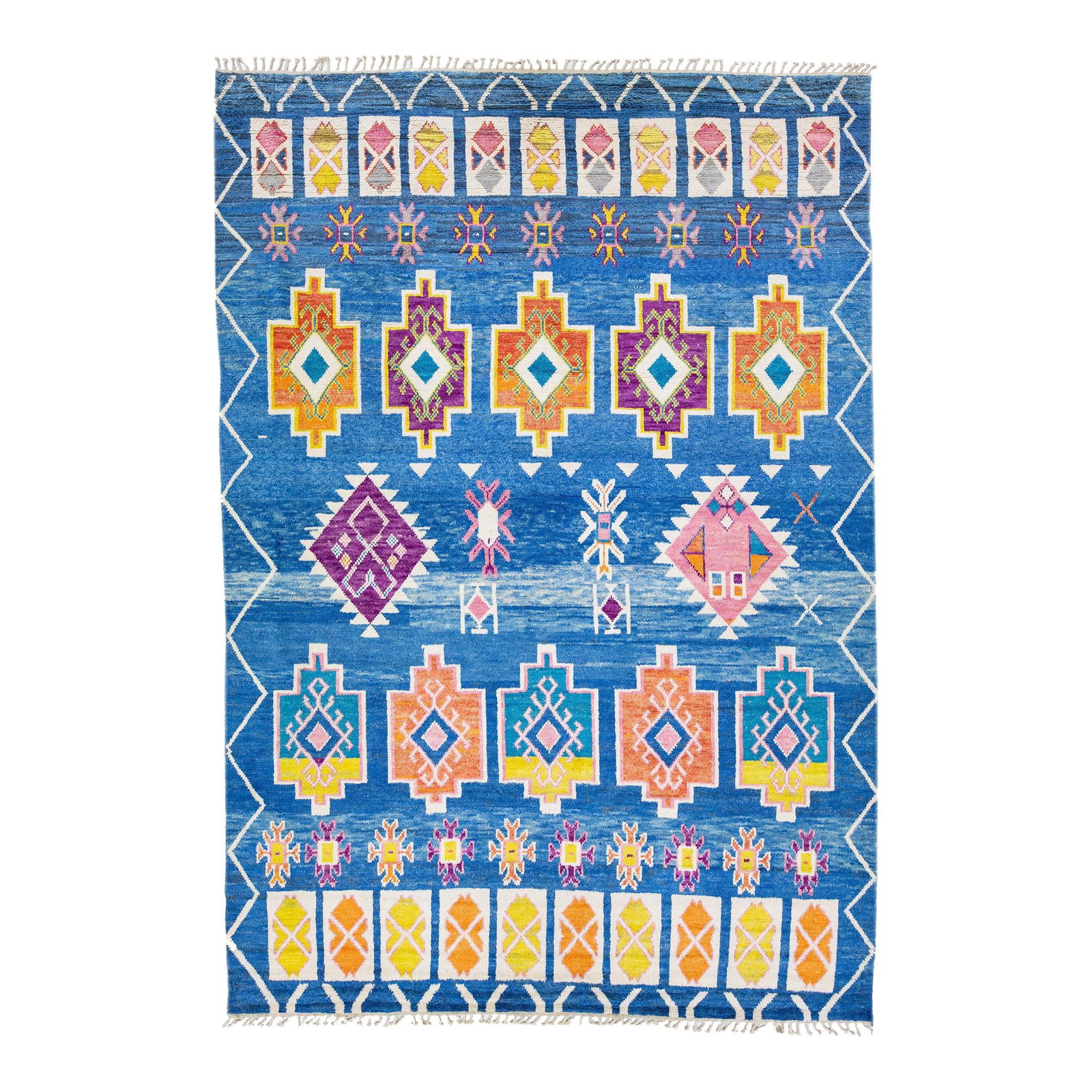Handmade Blue Wool Moroccan Rug Geometric Tribal Design 10' x 14'5: Handmade Blue Wool Moroccan Rug Geometric Tribal Design 10' x 14'5 Enhance your space with this stunning modern Moroccan style hand-knotted wool rug. Featuring a vibrant blue field, this rug showcases