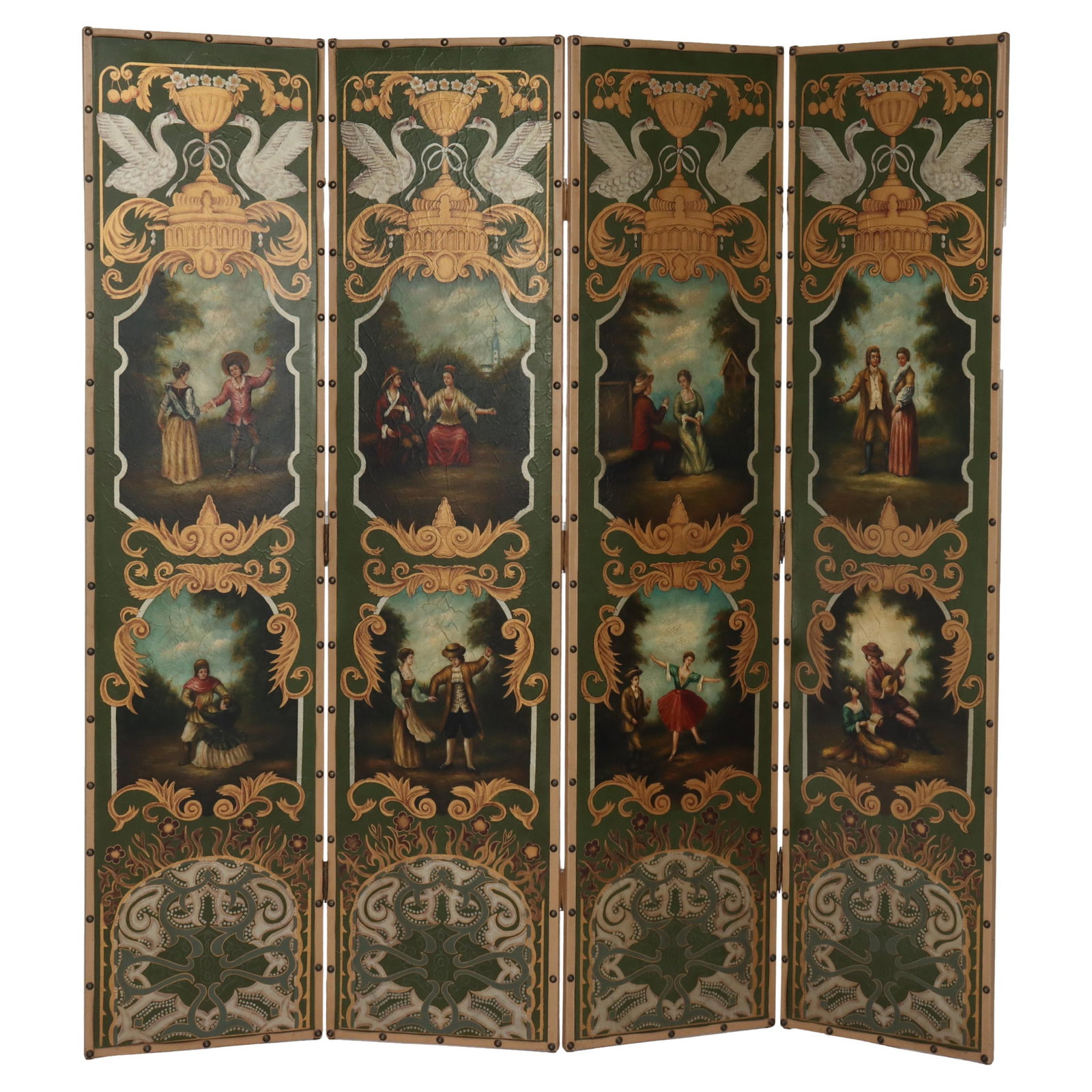 Early 20th Century Hand Painted Leather Four Panel Screen (1 of 9)