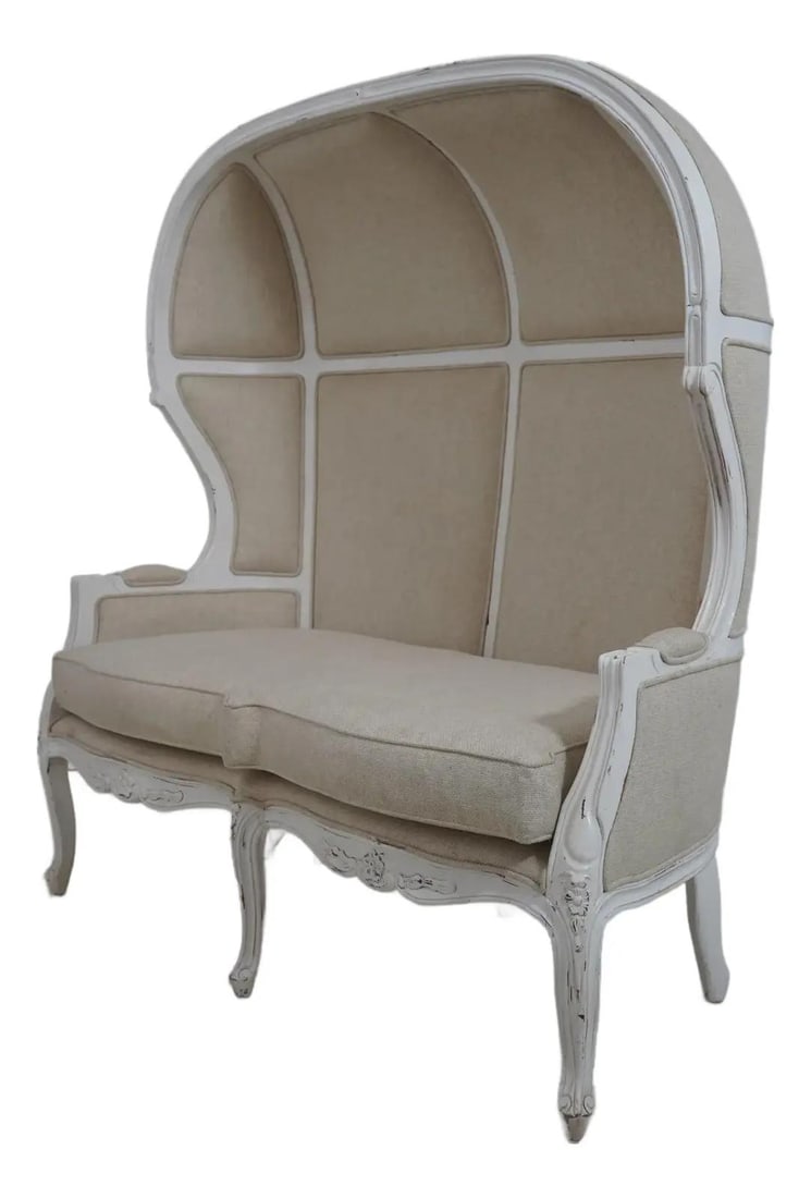 Hooded Balloon Canopy Settee in Louis XV Style with Tweed Upholstery: Hooded Balloon Canopy Settee in Louis XV Style with Tweed Upholstery This Louis XV style hooded throne settee features fine carved details and a balloon canopy design. It is constructed with quality m