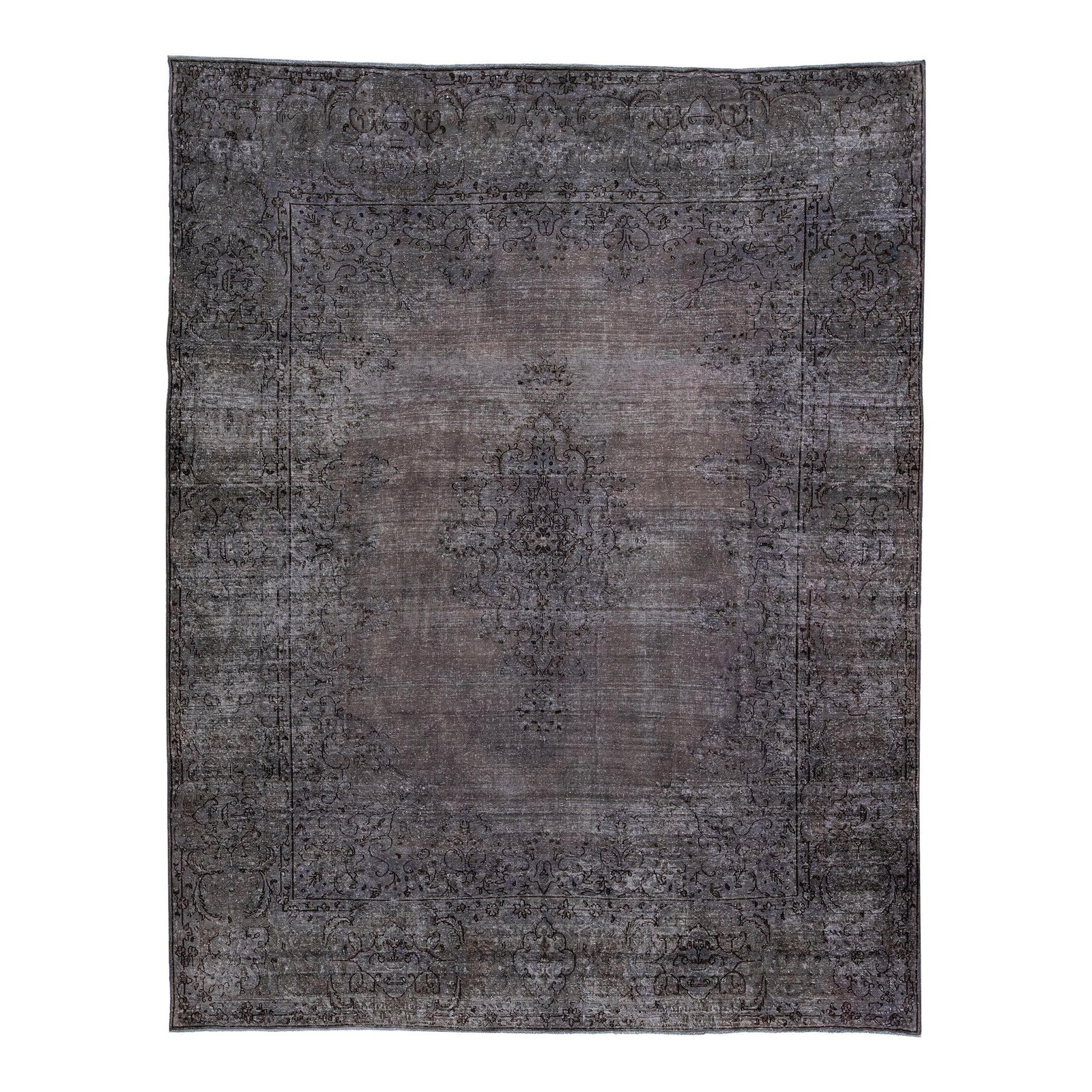 Vintage Persian Overdyed Handmade Gray Wool Rug 7'7 x 9'8 Medallion Design: Vintage Persian Overdyed Handmade Gray Wool Rug 7'7 x 9'8 Medallion Design This exquisite Vintage Persian Overdyed handmade wool rug features a stunning gray field adorned with black and brown accents