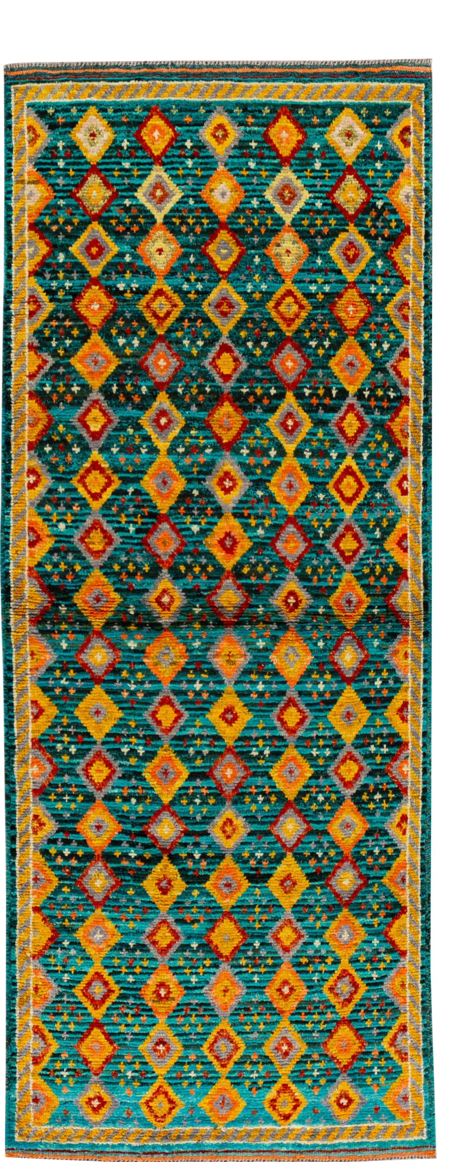 Teal Hand-Knotted 21st Century Modern Gabbeh Rug 2'9" x 7'0": Teal Hand-Knotted 21st Century Modern Gabbeh Rug 2'9" x 7'0" Enhance your living space with this stunning hand-knotted 21st Century Modern Gabbeh Rug, showcasing an allover geometric design. Crafted f