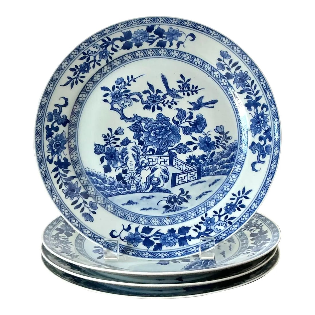 Set of Four Blue and White Chinoiserie Ceramic Plates with Floral and Bird Motifs (1 of 8)
