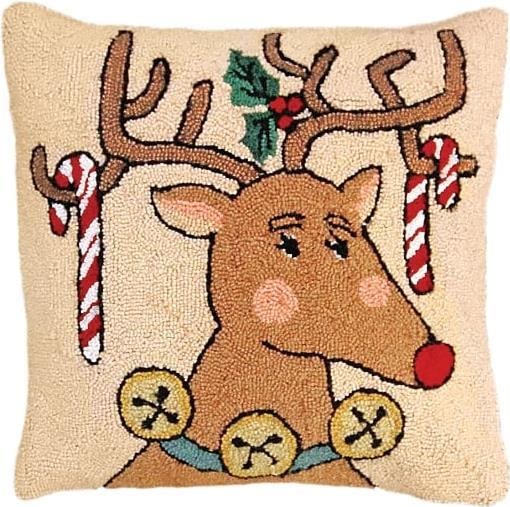 Charming Reindeer Candy Cane Holiday Pillow 20x20 Wool Velvet (1 of 1)
