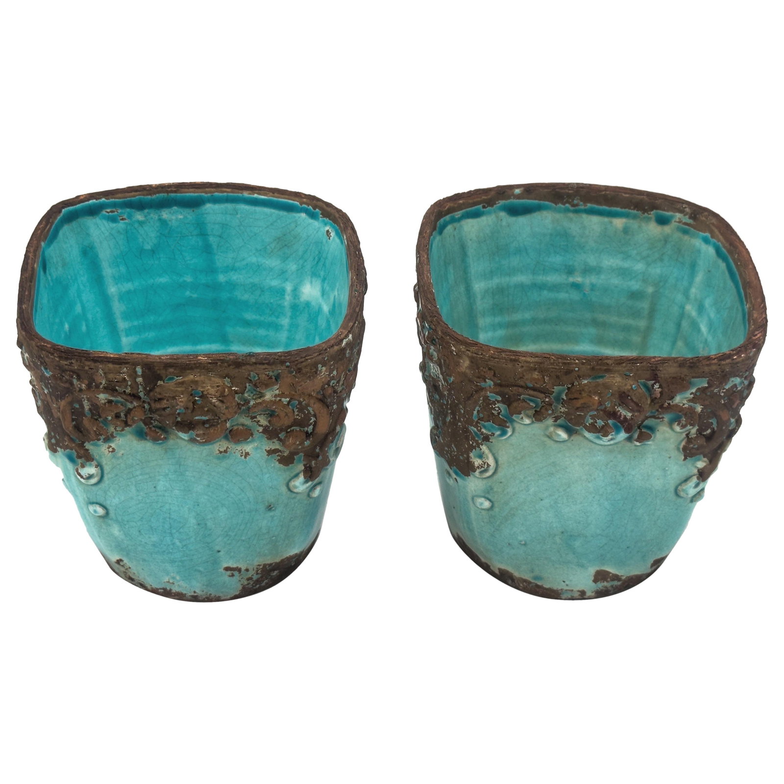 Set of 2 Italian Earthenware Turquoise Crackle Glaze Cachepots Arte Italica: Set of 2 Italian Earthenware Turquoise Crackle Glaze Cachepots Arte Italica This pair of Italian cachepots by Arte Italica showcases hand-formed earthenware construction with applied baroque-inspired