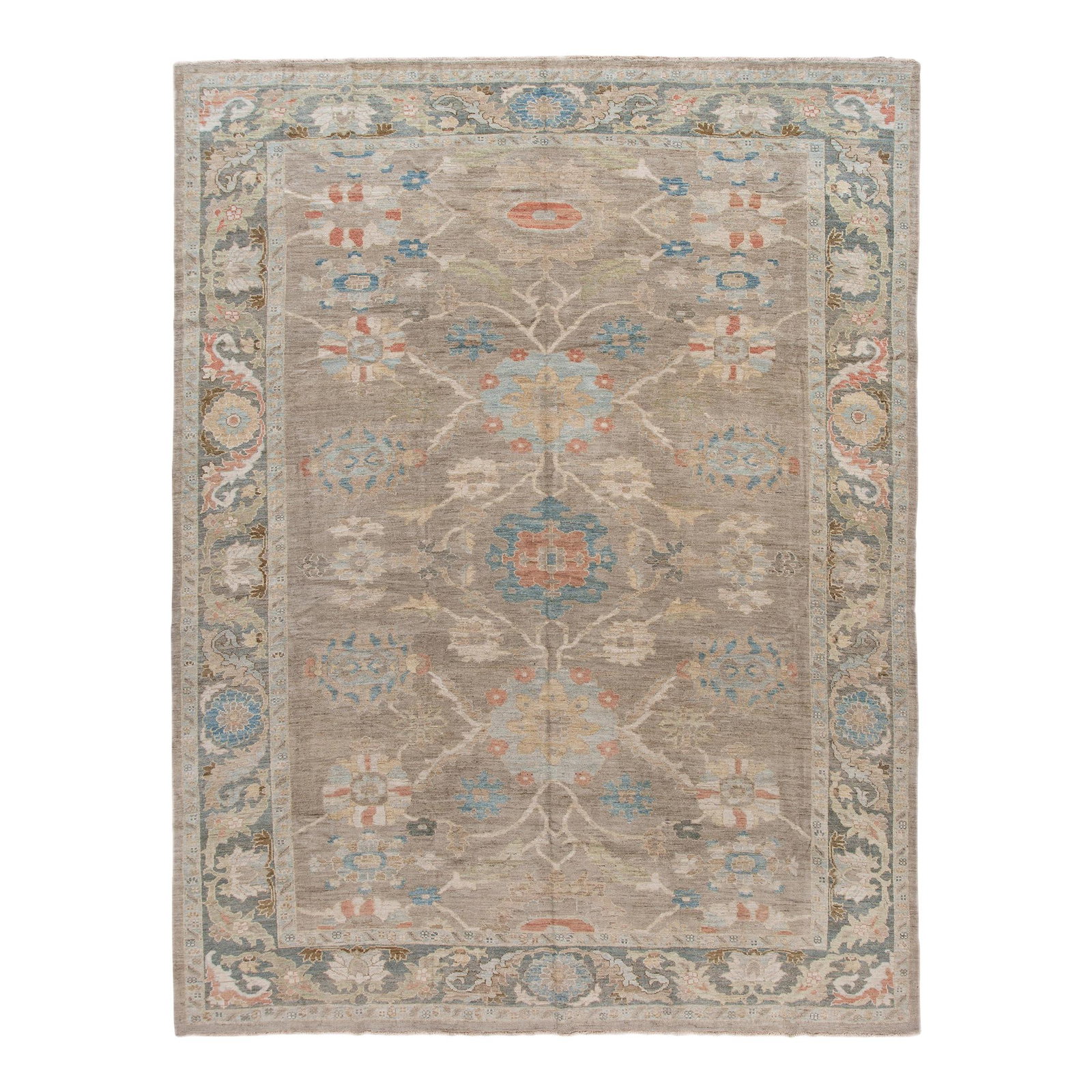 Handmade Floral Wool Sultanabad Rug 10'8 x 13'8 Light Brown: Handmade Floral Wool Sultanabad Rug 10'8 x 13'8 Light Brown Enhance your living space with this beautiful modern Sultanabad oversized hand-knotted wool rug. Featuring a light brown field, this exquisi