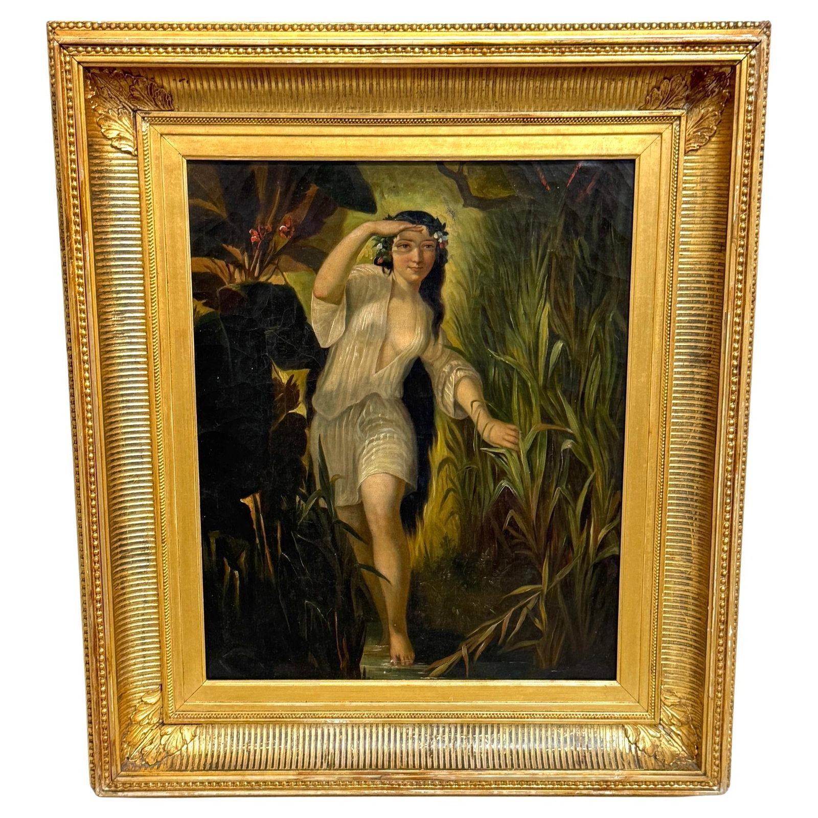 19th-Century Romantic Painting Undine Water Nymph Oil on Canvas Giltwood Frame: 19th-Century Romantic Painting Undine Water Nymph Oil on Canvas Giltwood Frame This exquisite mid-19th-century Romantic painting depicts Undine, the mythical water nymph, an enchanting subject from Fr