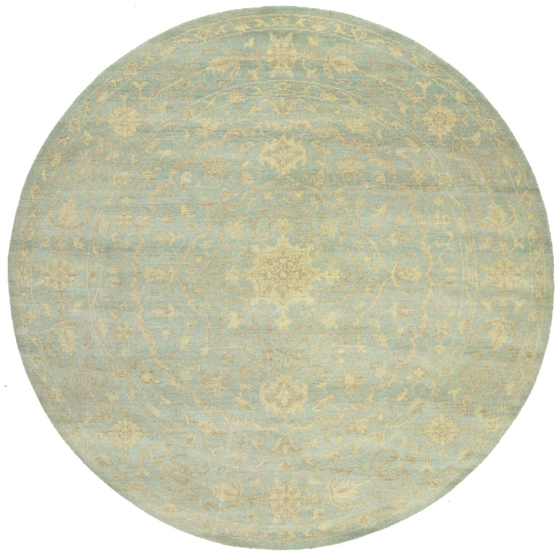 Handmade Wool Round Rug 8ft Aqua Blue Floral Design: Handmade Wool Round Rug 8ft Aqua Blue Floral Design Elevate your space with this exquisite Muted Aqua Blue Floral Handmade Wool Oriental Round Rug. Perfect for both dining and living rooms, this rug f