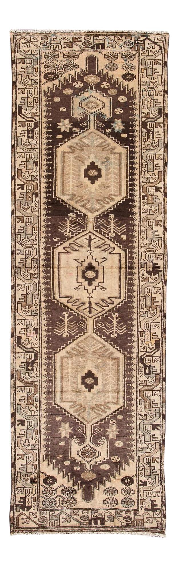 Vintage Persian Hamadan Handmade Wool Runner Rug 3'6 x 9'10 Beige (1 of 6)