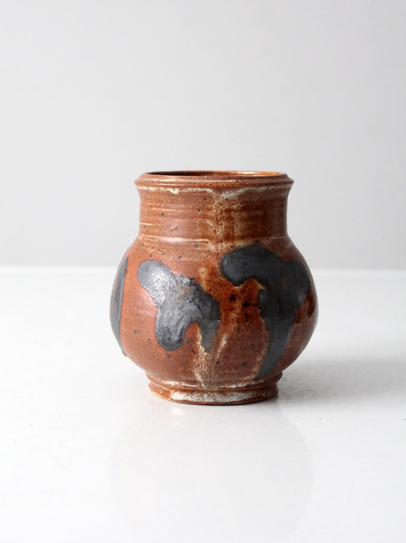 Rustic Vintage Studio Pottery Vase with Brown Glaze and Abstract Design (1 of 9)