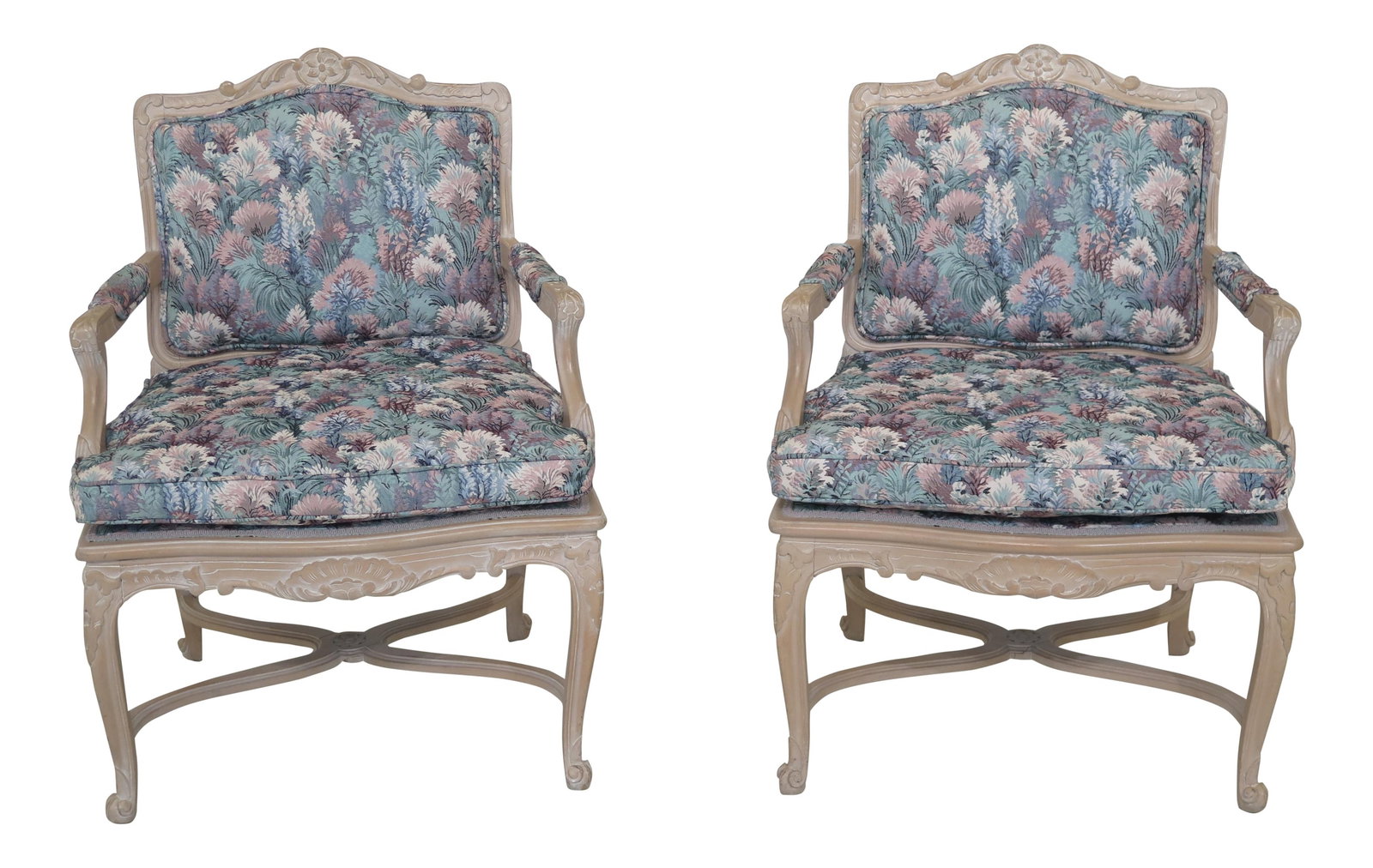 Elegant Pair of 1990s French Louis XV Style Open Arm Chairs: Elegant Pair of 1990s French Louis XV Style Open Arm Chairs This exquisite pair of vintage French Louis XV Style open arm occasional chairs embodies timeless elegance. Crafted approximately 20 years a