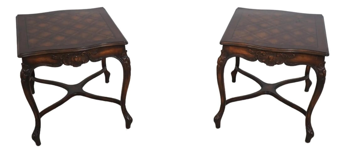 Pair of Walnut Parquet Top Lamp Tables in French Louis XV Style: Pair of Walnut Parquet Top Lamp Tables in French Louis XV Style This pair of French Louis XV style lamp tables from the 1970s features quality walnut construction with attractive parquet tops and eleg