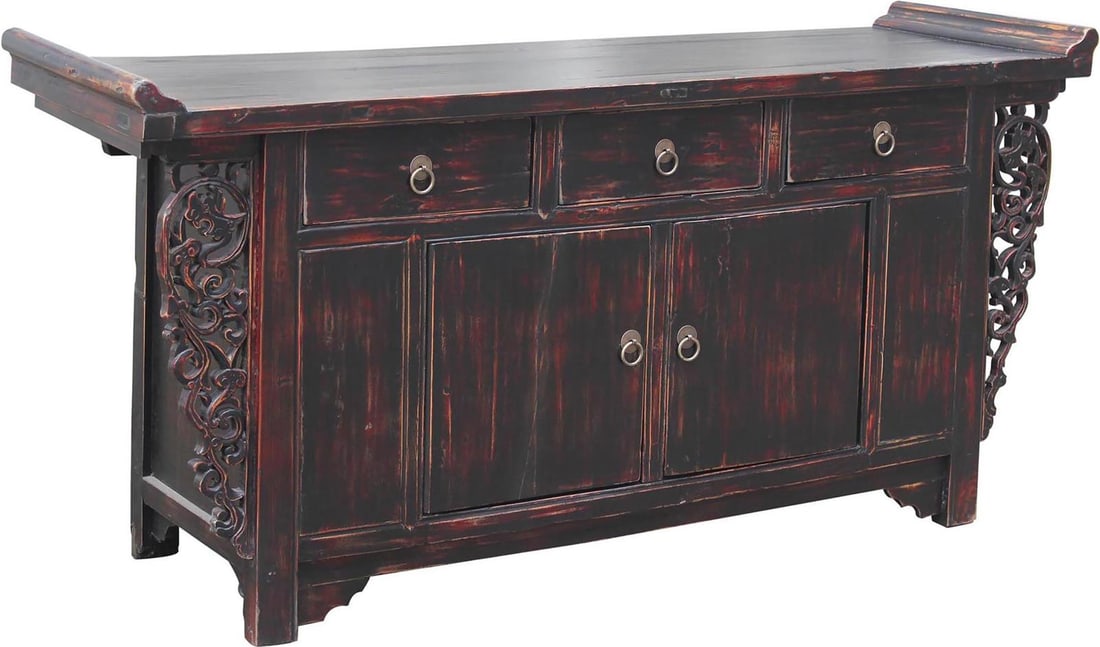 Antique Style Chinese Elm Sideboard with Distressed Finish: Antique Style Chinese Elm Sideboard with Distressed Finish Discover the charm of this Vintage Style Chinese Elm Sideboard, crafted to bring a touch of elegance to your home. This piece is designed in