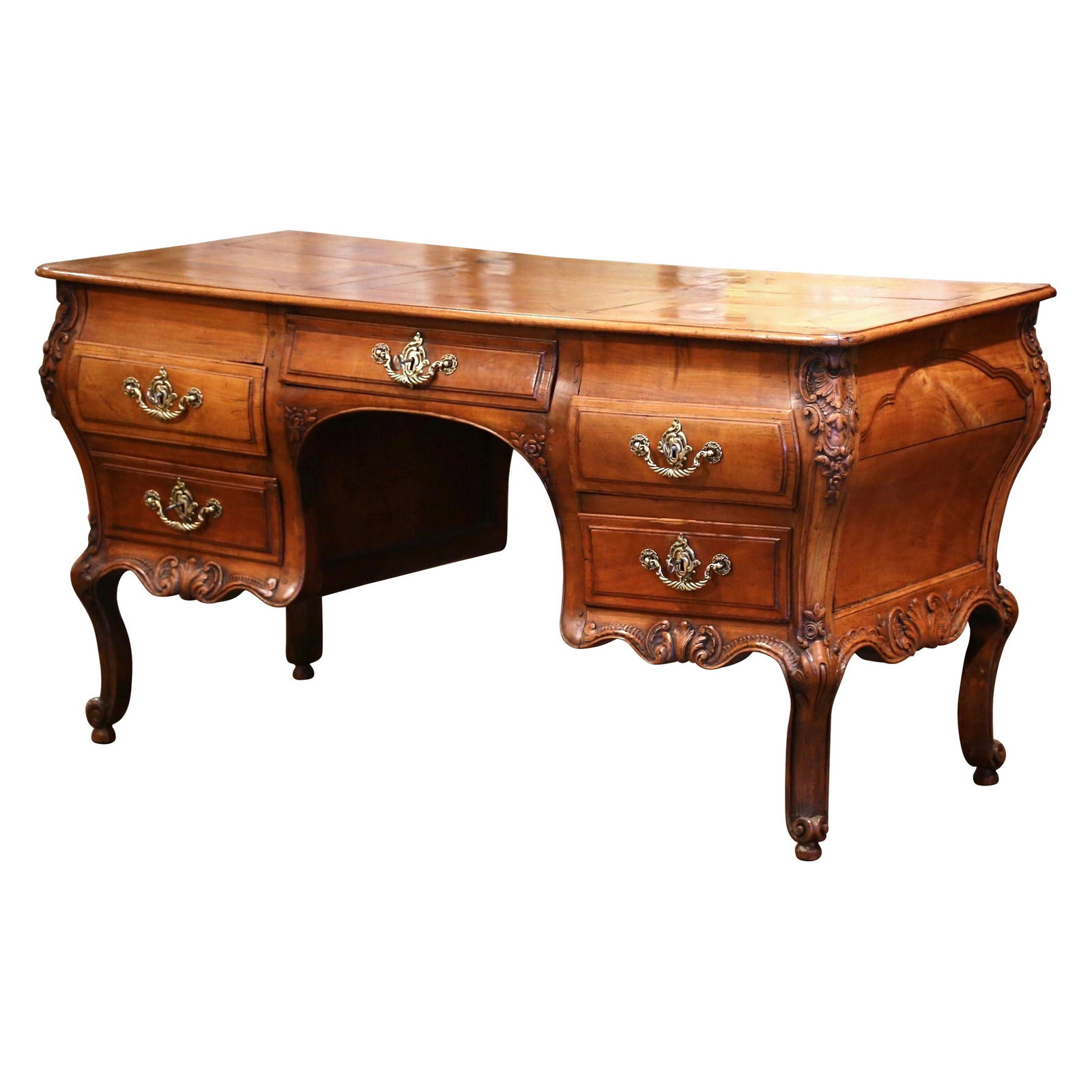 Antique 18th Century Louis XV Cherry Partner Desk with Bombe Drawers: Antique 18th Century Louis XV Cherry Partner Desk with Bombe Drawers This exquisite 18th-century Louis XV partner desk is a remarkable piece crafted in the Poitou region of France around 1790. Made fr