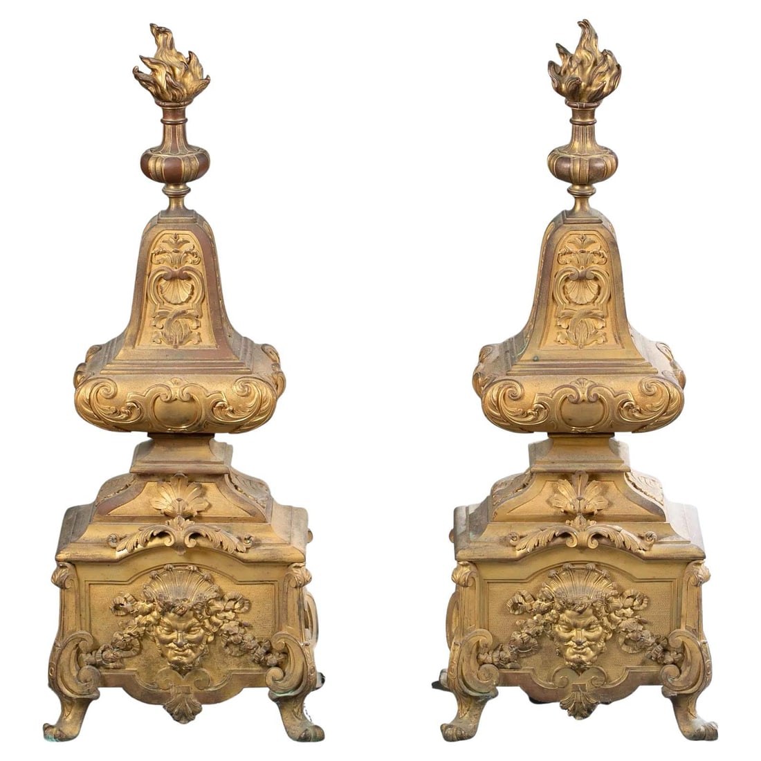 Set of 2 French Regence Gilt Bronze Andirons in Louis XIV XV Style: Set of 2 French Regence Gilt Bronze Andirons in Louis XIV XV Style This pair of large French Regence Louis XIV/XV style andirons is crafted from gilt bronze. Made in France in the 19th century, circa
