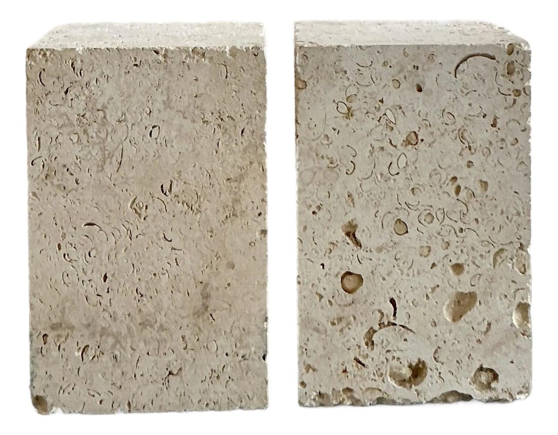 Pair of Coquina Stone Pedestal Bases for Dining Table Coastal Vintage Set of 2: Pair of Coquina Stone Pedestal Bases for Dining Table Coastal Vintage Set of 2 This set of two vintage coquina stone dining table pedestals features a striking, block-style design carved from natural