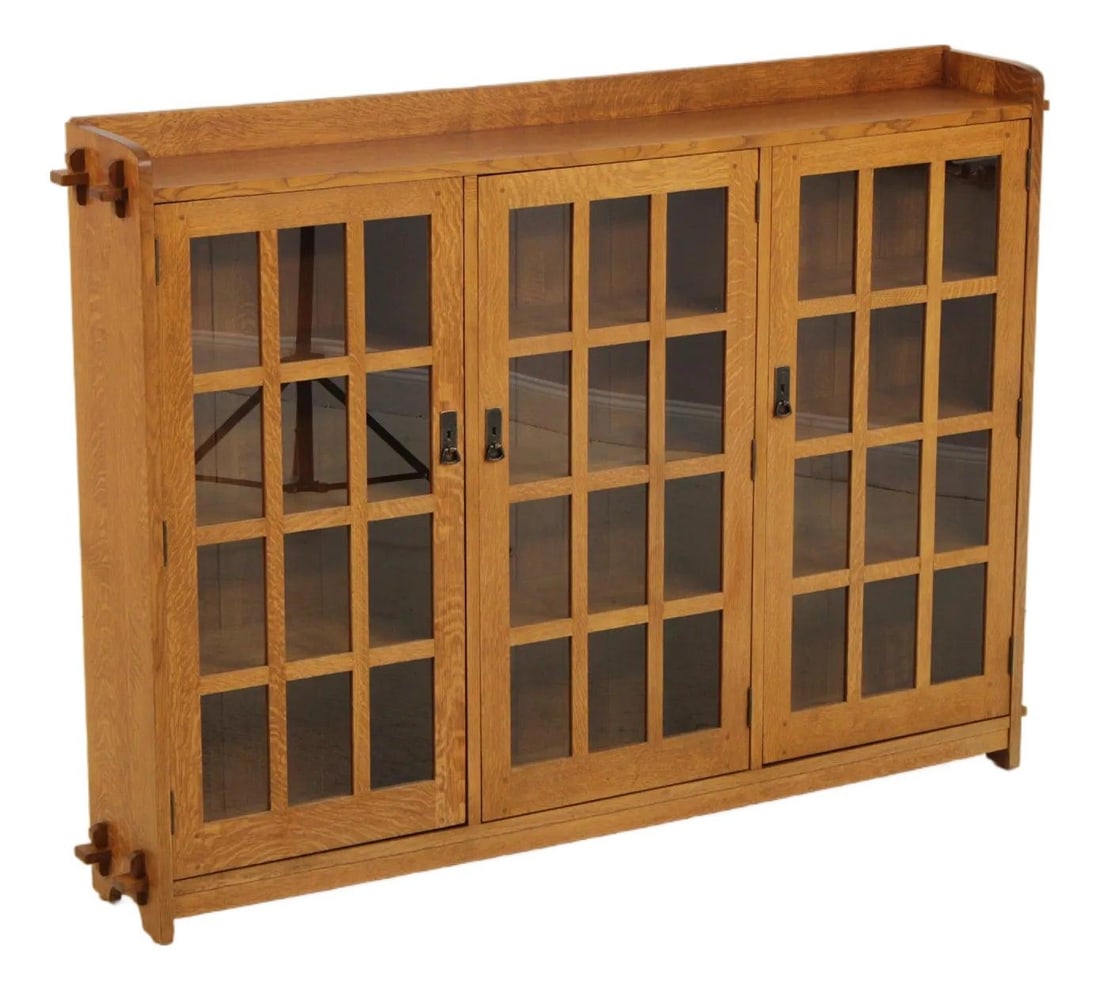 Large Mission Oak Bookcase with Three Glass Doors and Gallery Top (1 of 10)