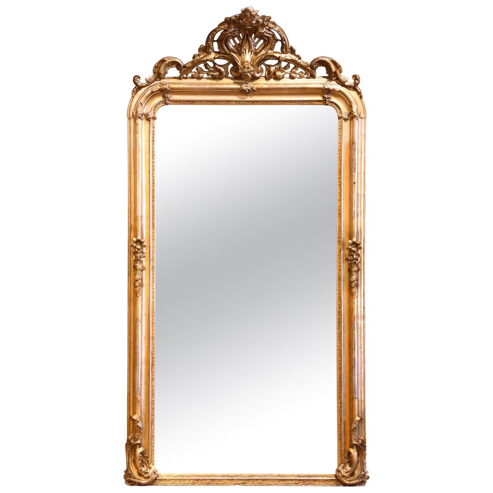 19th Century Louis XV Giltwood Mantel Mirror with Floral Cartouche (1 of 8)