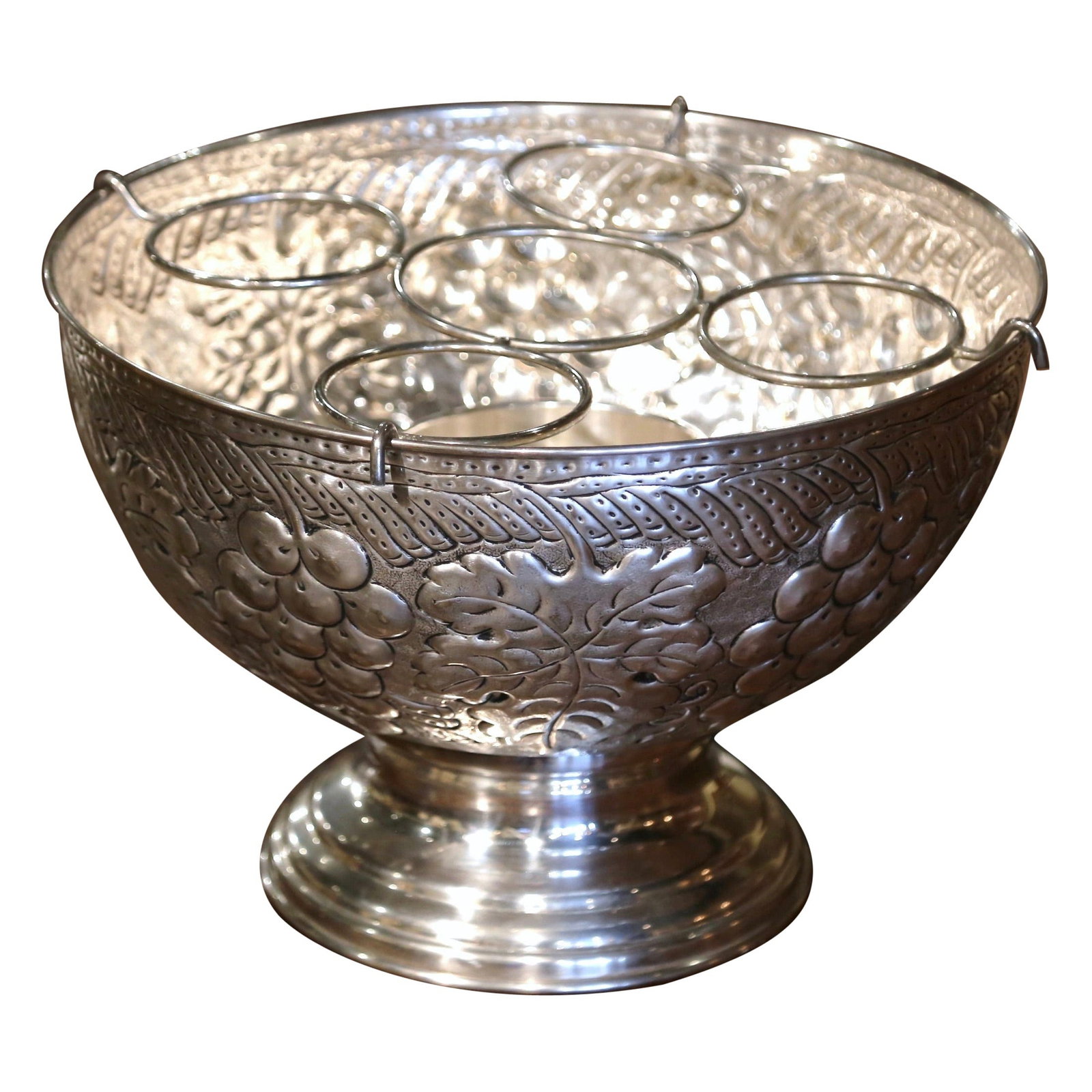 French Silver Plate Brass Wine Bucket with Grape Repousse Design Mid-Century (1 of 10)