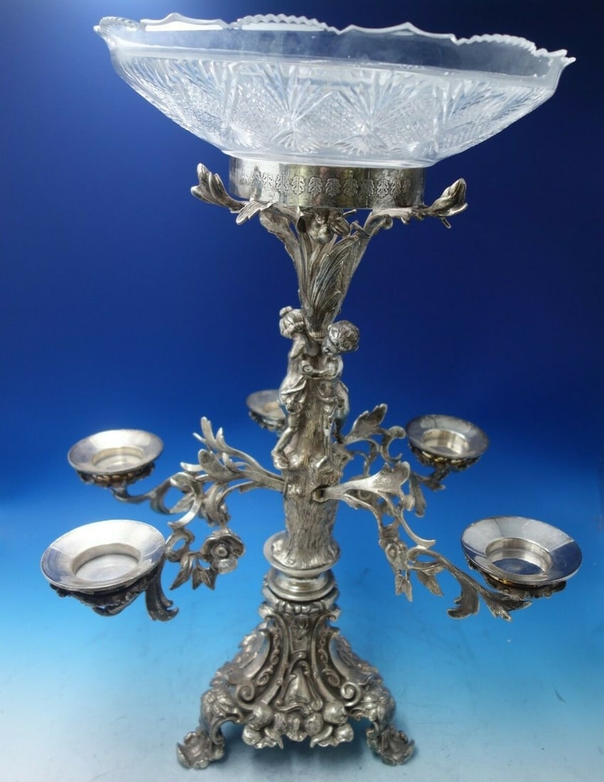 Victorian Silverplate Epergne with Cut Crystal Bowl Children in Forest 1880 (1 of 12)