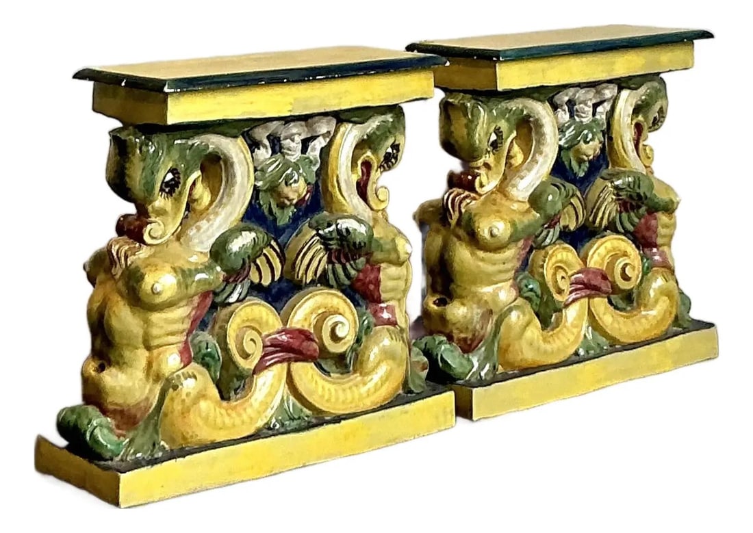 Pair of Majolica-Style Glazed Terracotta Merman Base Coastal Side Tables (1 of 10)