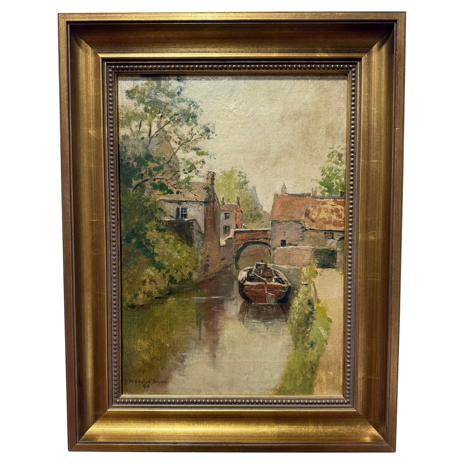Venetian Canal Oil Painting by William Staples Drown Signed 1898: Venetian Canal Oil Painting by William Staples Drown Signed 1898 This is an original oil on canvas landscape by William Staples Drown (American, 1856-1915), created in 1898. The painting depicts a qui