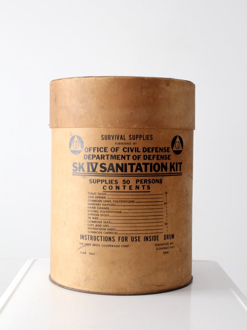 1962 Cold War Civil Defense SK IV Sanitation Drum by Office of Civil Defense: 1962 Cold War Civil Defense SK IV Sanitation Drum by Office of Civil Defense This vintage 1962 Civil Defense SK IV sanitation kit drum was issued by the Office of Civil Defense, Department of Defense