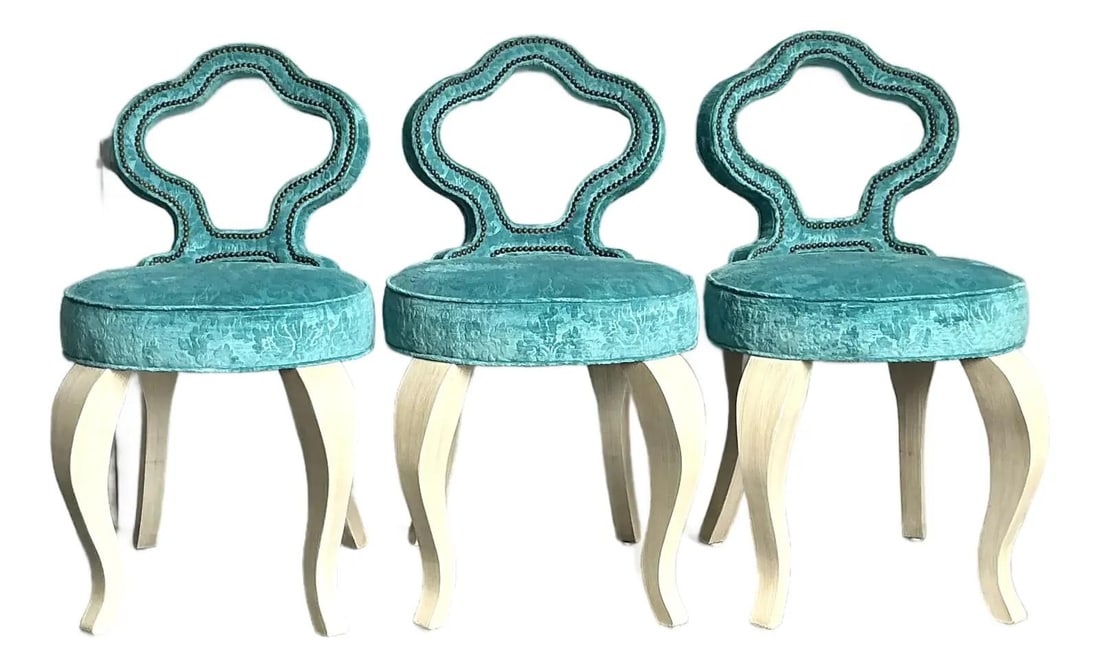 Set of Three Teal Velvet Keyhole Back Barstools With Nailhead Trim (1 of 9)