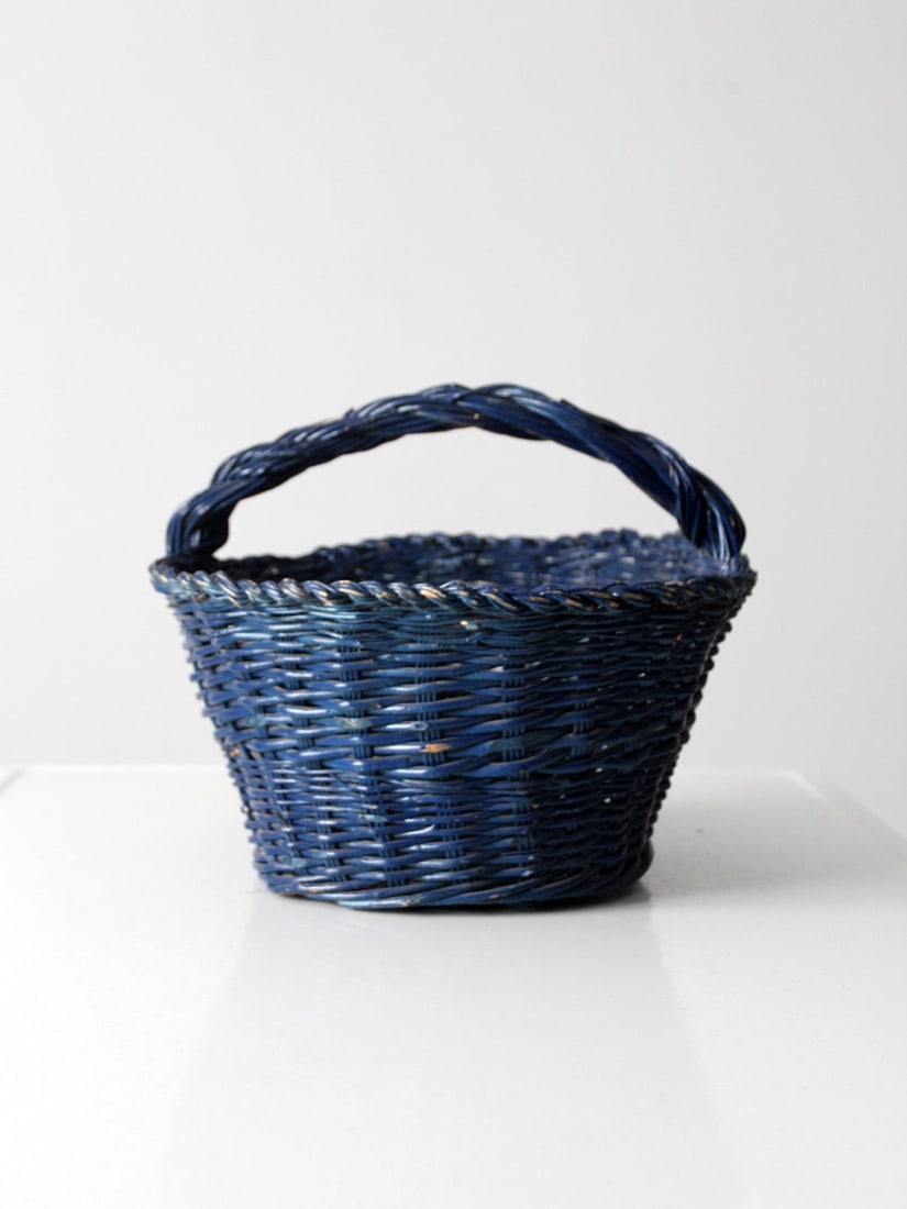 Vintage Deep Blue Woven Harvest Basket with Handle (1 of 9)