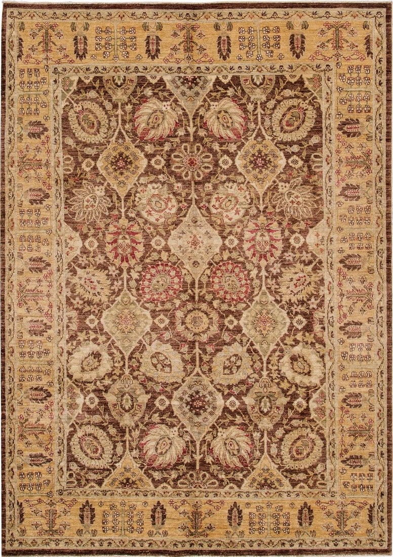 Vintage Paki Peshawar Wool Rug Brown Gold Floral Design 6'2 x 8'10: Vintage Paki Peshawar Wool Rug Brown Gold Floral Design 6'2 x 8'10 Enhance your space with this exquisite hand-knotted Peshawar wool rug, featuring a rich brown field adorned with intricate floral mot