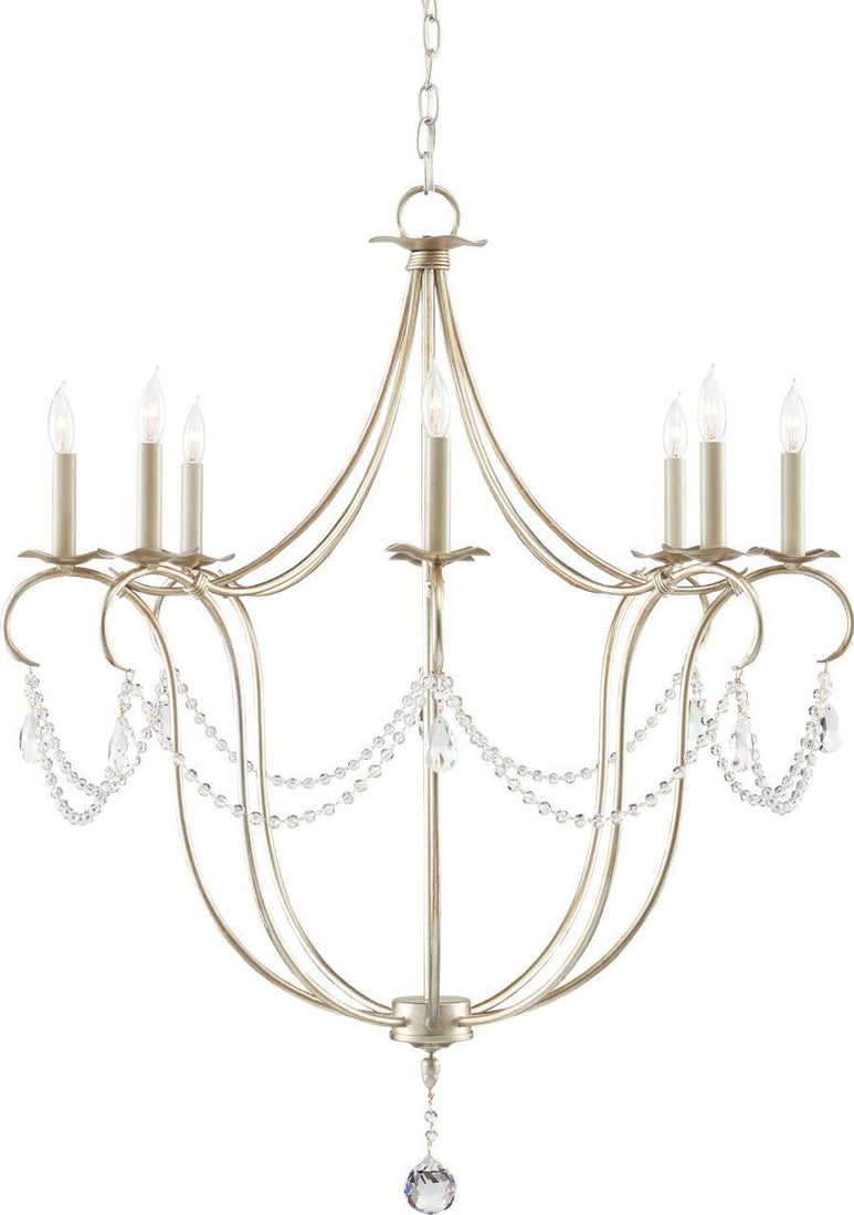 Crystal Lights Silver Leaf Bowl Chandelier in Louis XVI Style by Currey: Crystal Lights Silver Leaf Bowl Chandelier in Louis XVI Style by Currey This large Louis XVI style bowl chandelier features a silver leaf finish and sparkling crystal accents. Crafted from wrought iro