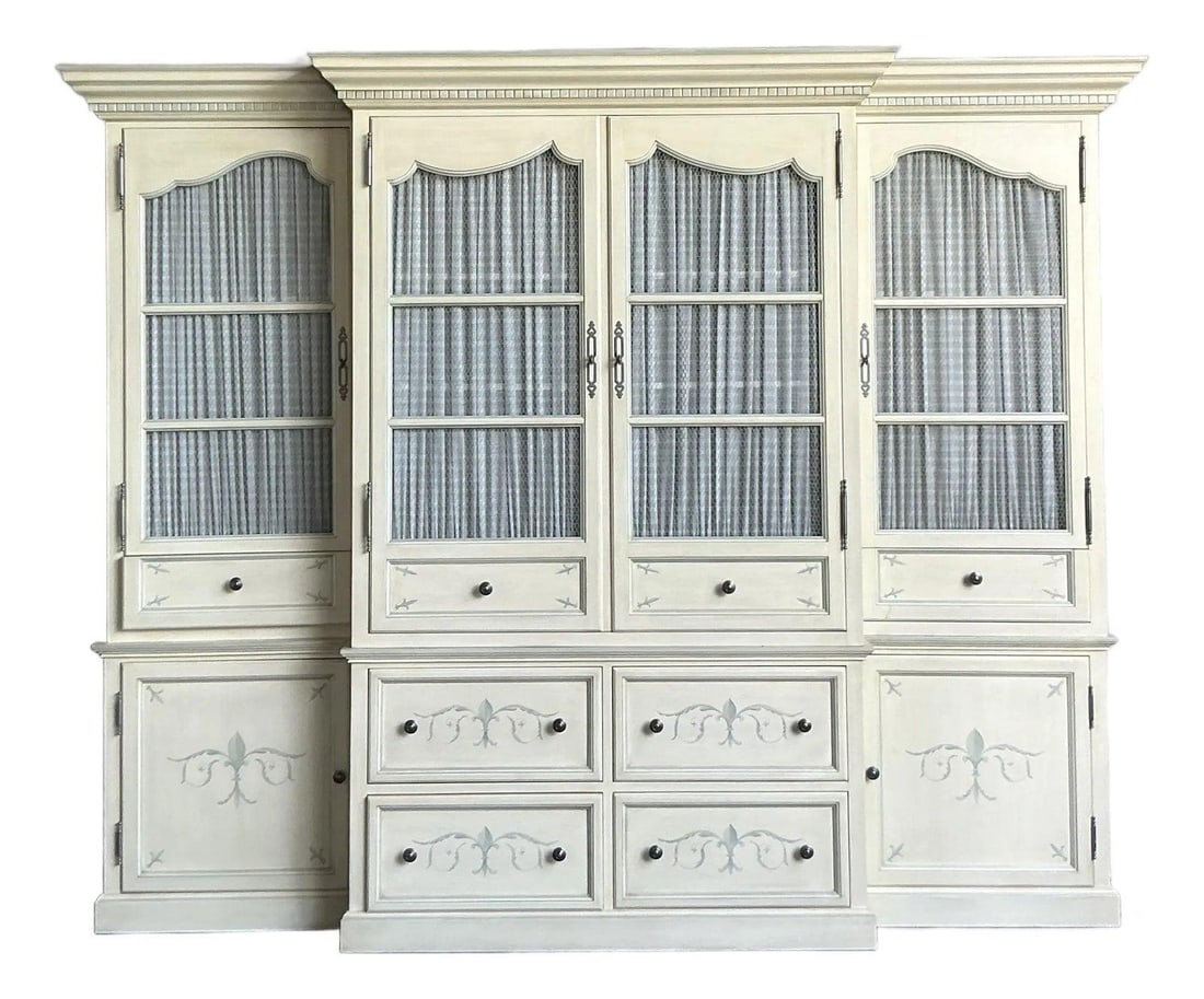 French Provincial Triple Breakfront Cabinet with Arched Glass Doors and Painted Motifs (1 of 9)
