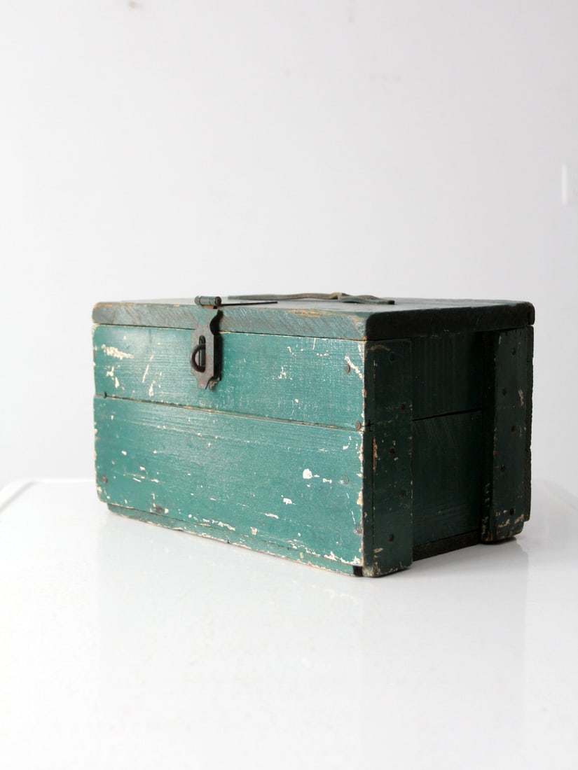 Charming Vintage Green Wooden Tool Box with Leather Handle (1 of 10)