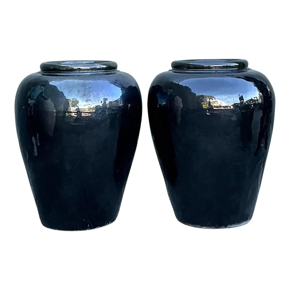 Set of Two Oversized Black Glazed Ceramic Boho Style Planters (1 of 10)