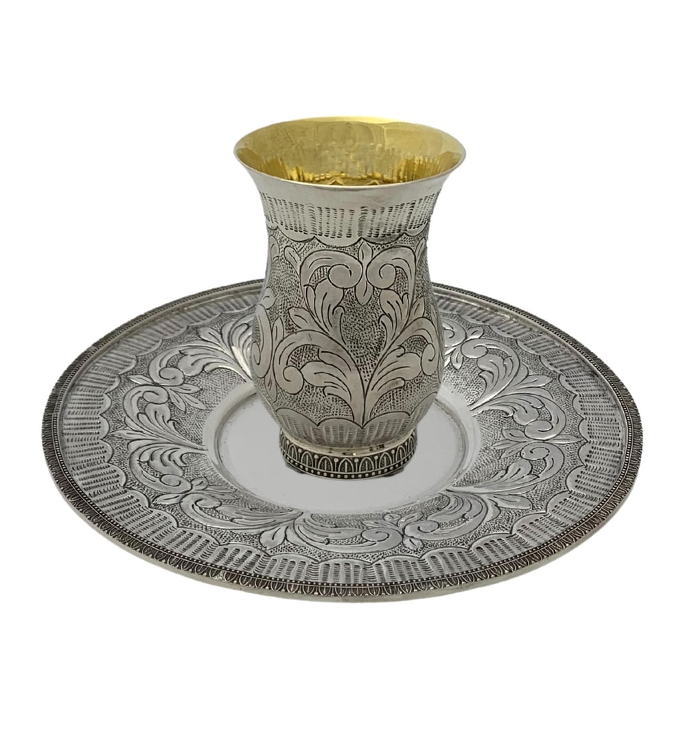Elegant Handmade 925 Sterling Silver Chased Cup and Tray Set (1 of 4)
