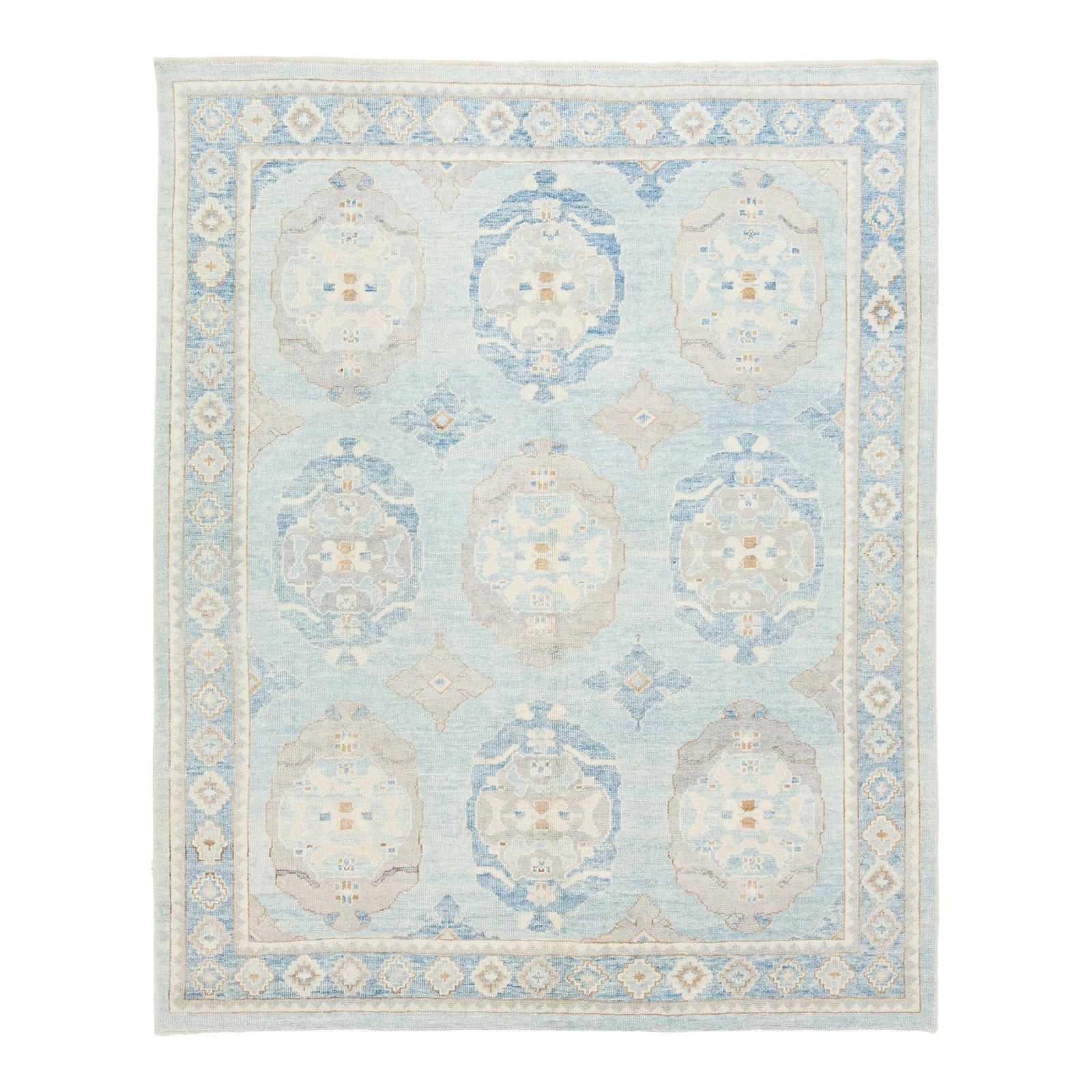 Hand-Knotted Modern Turkish Oushak Wool Rug Light Blue Floral 8'1 x 10'1: Hand-Knotted Modern Turkish Oushak Wool Rug Light Blue Floral 8'1 x 10'1 Enhance your space with this exquisite hand-knotted modern Turkish Oushak wool rug. Featuring a serene light blue field, it sho
