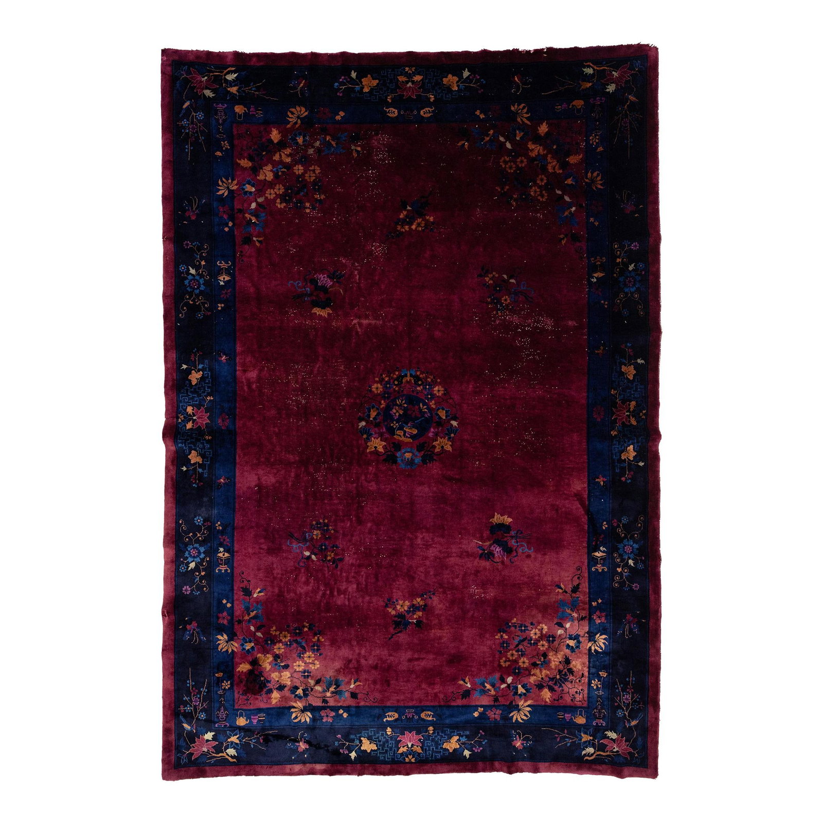 Antique Chinese Art Deco Wool Rug Red Floral Design 9'11 x 14'6: Antique Chinese Art Deco Wool Rug Red Floral Design 9'11 x 14'6 This exquisite antique Chinese Art Deco rug showcases a hand-knotted wool construction, featuring a striking burgundy red field adorned