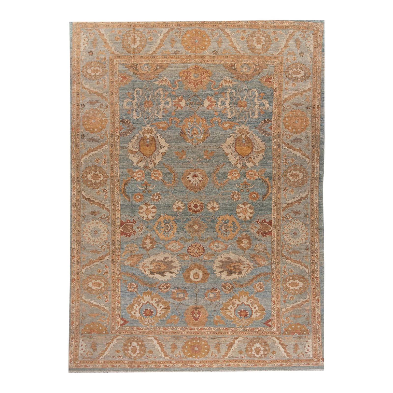 Handmade Blue Sultanabad Wool Rug with Floral Design 12'1 x 17'3: Handmade Blue Sultanabad Wool Rug with Floral Design 12'1 x 17'3 Experience the elegance of this handmade modern rug, skillfully crafted with a reinterpretation of the classic Sultanabad design. Featu