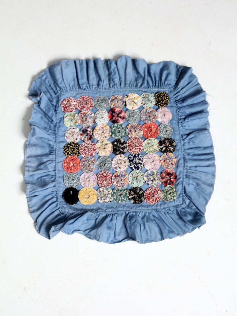 Vintage Floral Yo-Yo Quilt Pillow Cover Blue Cotton 19x19 (1 of 8)