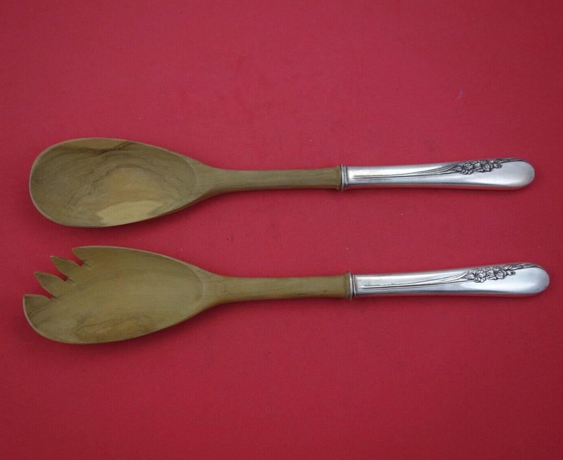 International Sterling Silver Blossom Time Salad Serving Set 11 Inch Wood Handles (1 of 2)