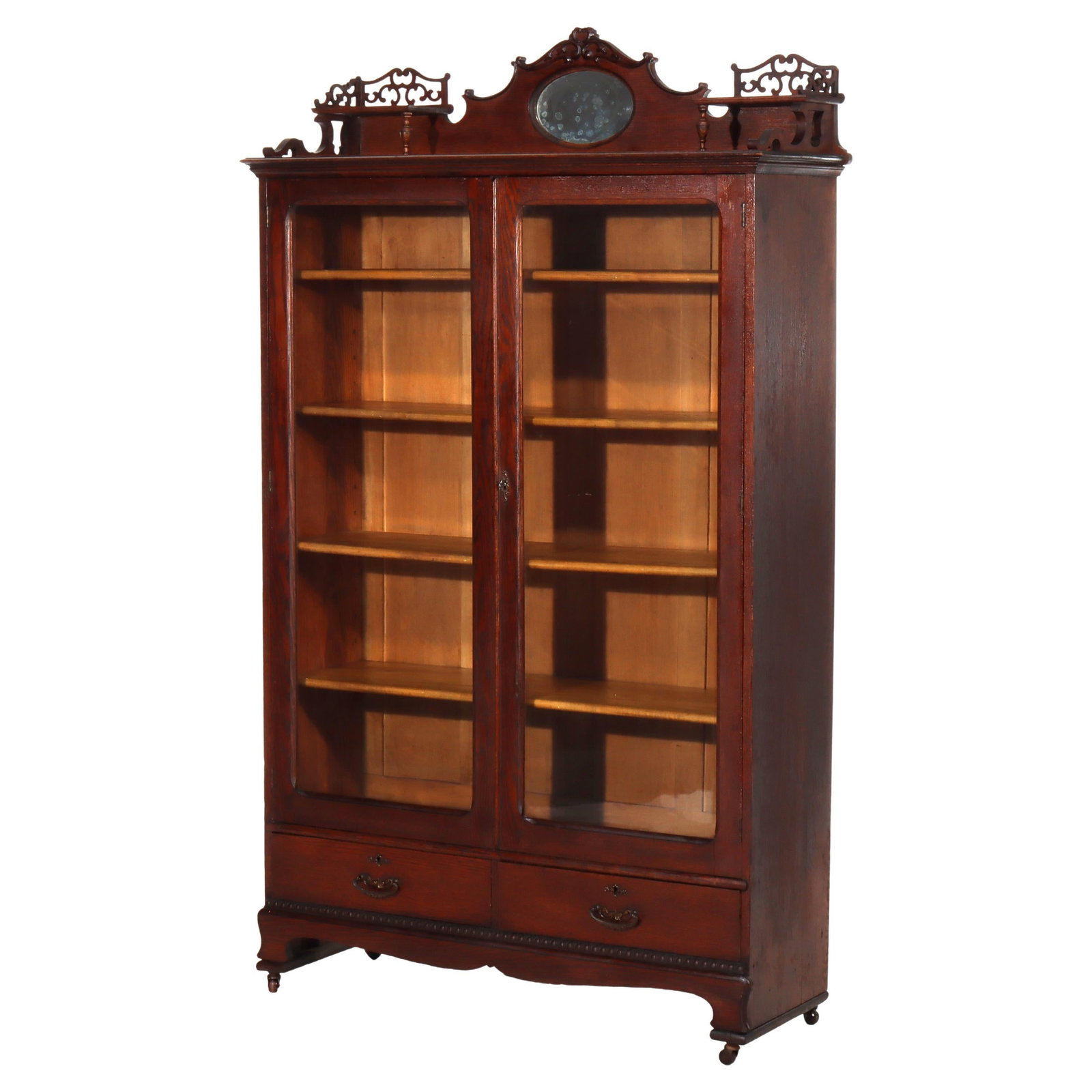 Early 20th Century Oak Bookcase With Glass Doors and Drawers Arts and Crafts (1 of 16)