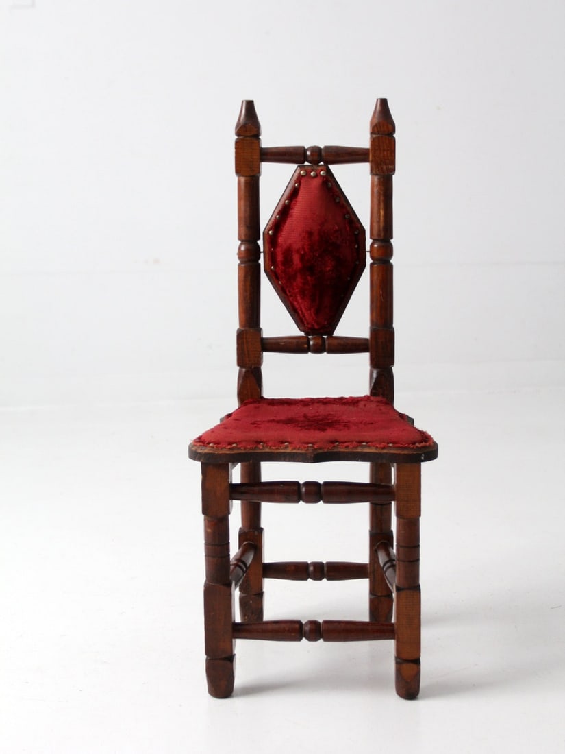 Gothic Mexican Wooden Child Chair With Red Velvet Upholstery Mid 20th Century (1 of 11)