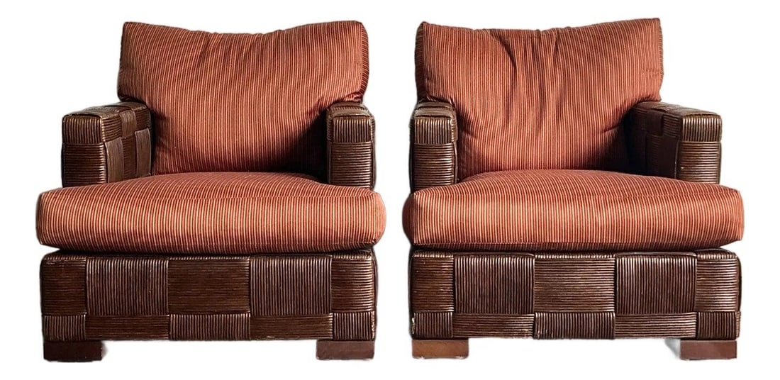 Pair of Block Island Rattan Lounge Chairs by Donghia: Pair of Block Island Rattan Lounge Chairs by Donghia This pair of vintage lounge chairs from the "Block Island" collection by Angelo Donghia features expertly woven pencil rattan frames in a bold bask